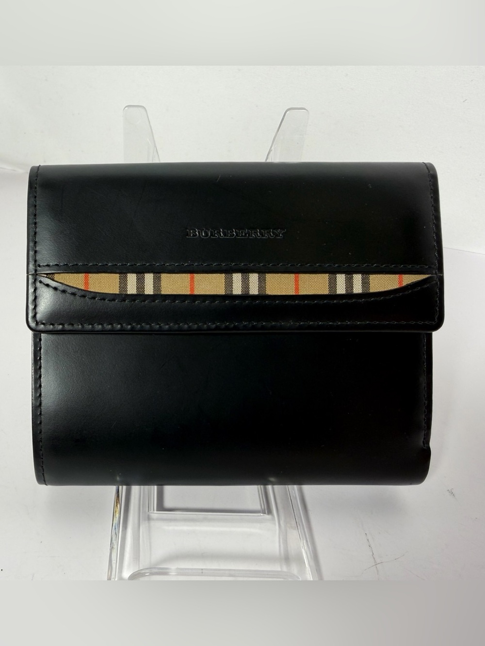1300: BURBERRY Vintage Black Leather Nova Check Trifold Wallet
